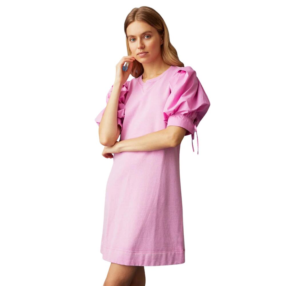 Marie Oliver Petal Pink Shane Dress French Terry Cotton Poplin Puff Sleeve Mini - Picture 11 of 11